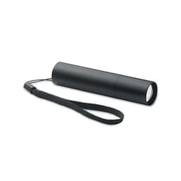 A black cylindrical flashlight with a wrist strap attached. The design is sleek and minimalistic.
