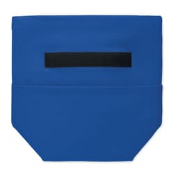 A blue promotional product with a black strap and two pockets for storage. It features a logo.