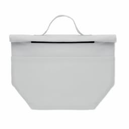 A white cooler bag with a handle and a zippered top, featuring a front pocket.