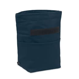 A storage bag in navy blue with a flat top, featuring a front pocket and a black velcro strap.