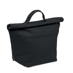A black tote bag with a top handle and a front pocket, featuring a logo on the side.