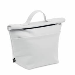 A bag in white with a top handle and a front pocket, featuring a logo.