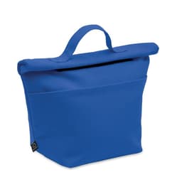 A blue insulated bag with a roll-top closure and a handle, featuring a front pocket.