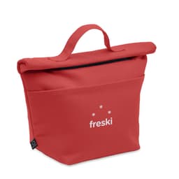 A red insulated tote bag with a top handle and a front pocket. It features a logo on the front.
