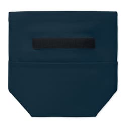 A dark navy pouch features a rectangular Velcro strap and an open pocket design in a simple, sleek style.