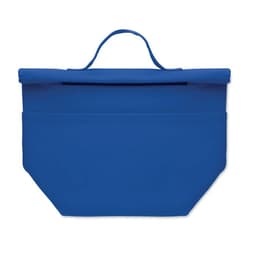 A blue promotional product bag with a fold-over top and a handle, featuring a front pocket.