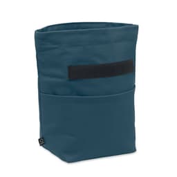 A storage bag in a deep blue colour with a front pocket and a velcro closure on the top.