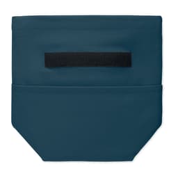 A drink bottle in a deep teal colour with a black strap, featuring a simple two-pocket design.