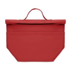 A insulated tote bag in bright red with a handle and a front pocket. Features a fold-over closure.