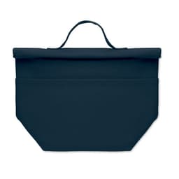 A navy blue insulated tote bag with a fold-over top and a handle for easy carrying.