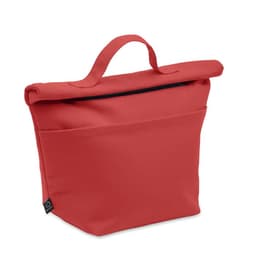 A red tote bag with a rolled top, featuring a zip closure and an outer pocket. It has a handle for carrying.