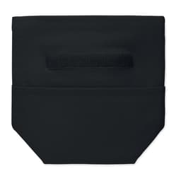 A black pouch with a velcro closure and two front pockets. It features a simple, sleek design.