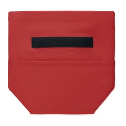 A red promotional product with a black Velcro strip and two pockets for storage.