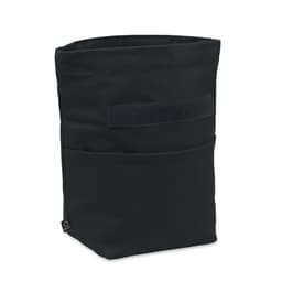 A black storage basket with a foldable top and a front pocket. It has a logo on the side.
