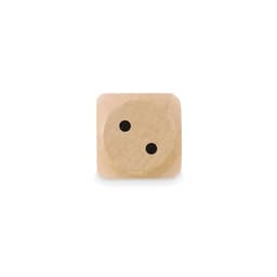 A wooden die with rounded edges featuring two black pips on a light wood surface, with a natural finish.