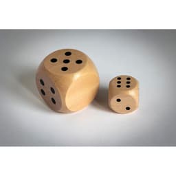 Two wooden dice, one large and rounded with black dots, and one small cubic die, also featuring black dots.