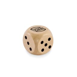 A wooden dice featuring black pips and a logo on one face, displayed on a white background.