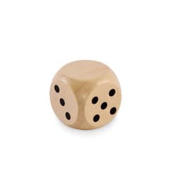 A wooden die with rounded edges, featuring black dots on its sides. It has three exposed faces showing various numbers.