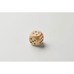 A wooden dice with black dots on its faces, resting on a light grey surface. It has a natural wood finish.