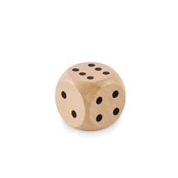 A wooden die with six sides, featuring black dots, in a natural wood finish.