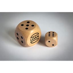 A set of two wooden dice, one large and one small, both featuring black dots and a logo.