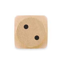 A wooden die with a flat surface featuring two black dots on a natural wood finish.