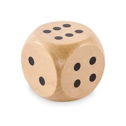 A wooden die featuring a natural finish with black dots on its faces. The die has three visible sides shown.