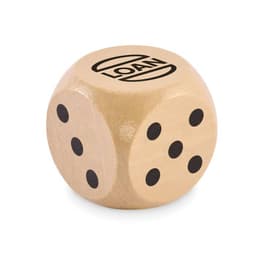 A wooden dice with rounded edges, featuring black dots and a logo on one face.