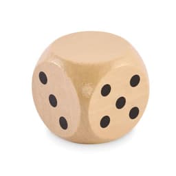 A wooden dice in a natural finish with black dots, showing numbers on two of its sides.