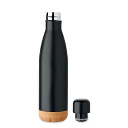 A drink bottle in black with a wooden base and a silver screw cap. A separate black cap is also shown.