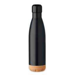 A drink bottle in matte black with a wooden bottom and a sleek, contoured design. It features a logo.