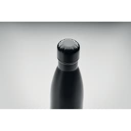 A drink bottle in sleek black with a rounded lid, featuring a minimalist design and a logo.