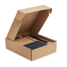 A gift box containing a notebook, pen, and a drink bottle, with a combination of natural and black colours.
