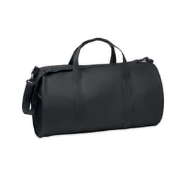 A black duffle bag with dual handles and an adjustable shoulder strap, featuring a simple, sleek design.