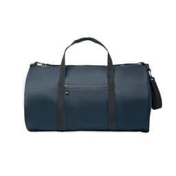A duffel bag in navy blue with grey straps and a front zip pocket, featuring a branding logo.