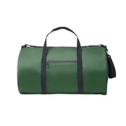 A duffle bag in dark green with two black handles and a zippered pocket on the side.