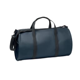 A dark blue duffel bag with black straps and a shoulder strap, featuring a smooth exterior and zip closure.
