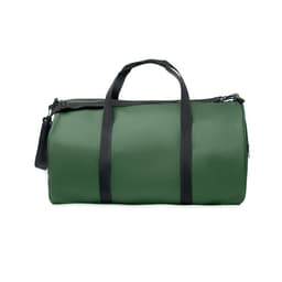 A green duffel bag with black handles and strap, featuring a zip closure and a simple design.