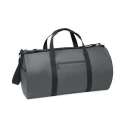 A duffle bag in grey with black straps, featuring a zippered pocket on one side. It has a sleek, rounded design.