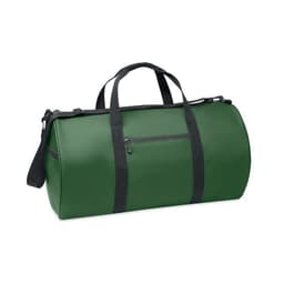 A green duffel bag with black straps and a zippered pocket on the side. The bag has a sturdy, rounded shape.