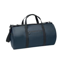 A navy blue duffel bag with black straps and a zippered pocket on the side. It features a logo on the surface.
