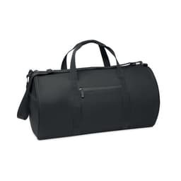 A black duffel bag with twin handles and a detachable shoulder strap, featuring a zippered pocket.