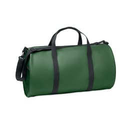 A duffel bag in a rich green colour, featuring sturdy black straps and a sleek, rounded design.