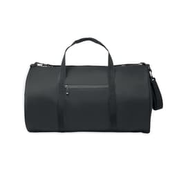 A black duffel bag with dual handles and a detachable shoulder strap, featuring a zippered pocket on the front.