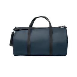A duffel bag in dark blue, featuring two handles and a detachable shoulder strap. It has a simple design and a logo.
