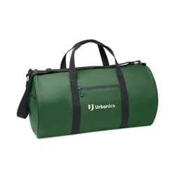 A duffel bag in green with black straps and a front zipper pocket, featuring a logo.