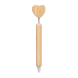 A heart-shaped bamboo pen with a wooden handle and clear plastic barrel. It features a branding logo.
