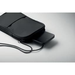 A black pouch with a zip, partially open, featuring a smartphone peeking out from the inside.