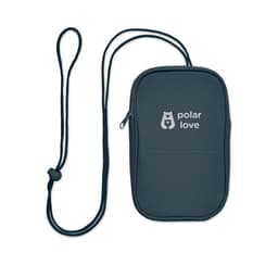 A dark blue pouch with a shoulder strap, featuring a logo and a front pocket.