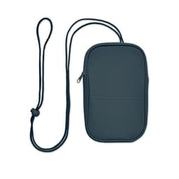 A dark blue pouch with a zip closure and an adjustable strap for wearing around the neck.